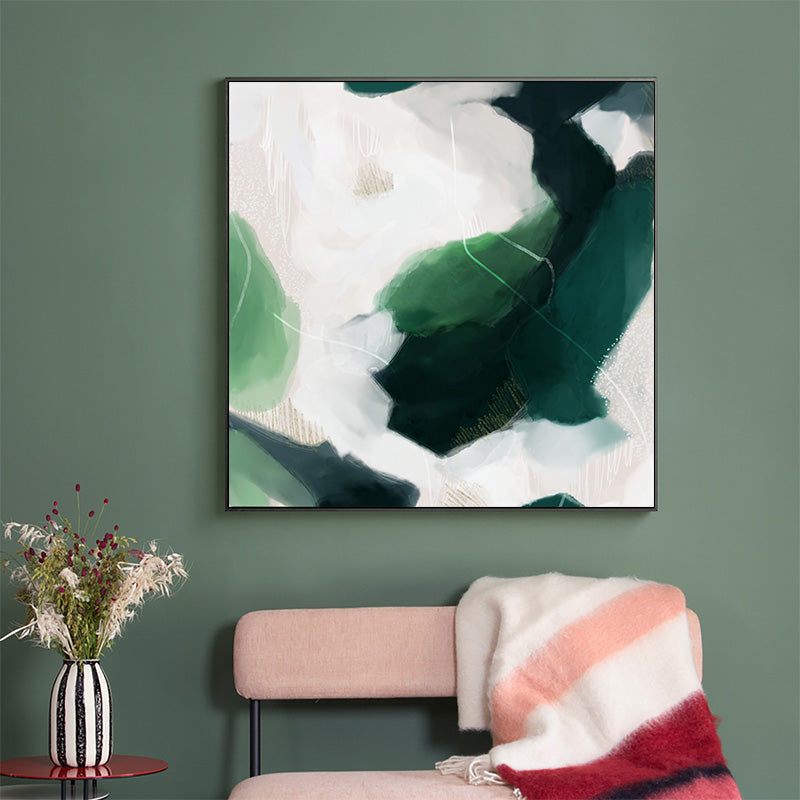 70cmx70cm French Abstract Canvas Wall Art featuring green and black colors, elegantly framed with a floating design.